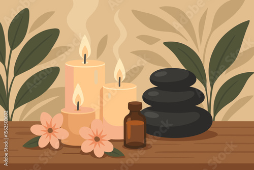 Relaxing Spa Setting with Aromatic Candles, Essential Oil Bottle, Zen Stones, Flowers, Green Leaves, Wooden Table. Wellness, Aromatherapy, Tranquility, Self Care. Modern Flat Vector Illustration