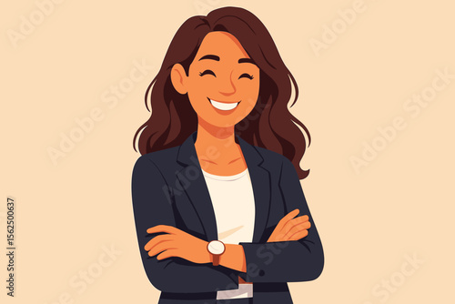Confident smiling businesswoman with arms crossed, modern flat vector illustration. Professional woman in blazer, positive leadership, empowerment, workplace success, corporate portrait concept