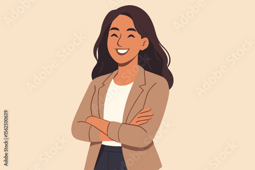 Confident businesswoman arms crossed. Modern professional woman in casual blazer. Flat vector illustration. Empowered female leader. Office worker. Career success. Corporate style. Workplace.