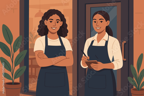Female cafe staff teamwork. Two women waitresses in aprons standing at coffee shop entrance. Modern flat vector illustration. Restaurant service, hospitality, teamwork, small business concept.