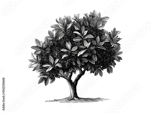 Hand-drawn mahogany tree engraving, vintage botanical sketch, tropical leaves, rustic forest art, black sketch, old engraving style, nature print, trendy tree wall decor, classic illustration