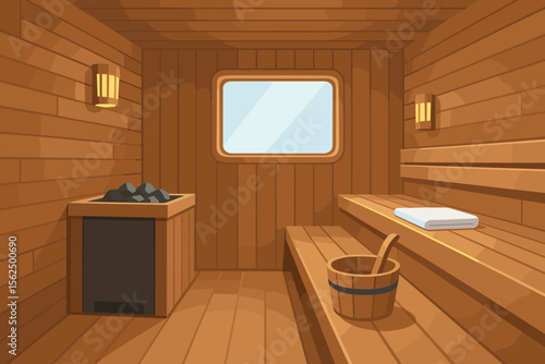 Cozy wooden sauna interior with benches, bucket, ladle, towel, heater, and window. Relaxation wellness spa concept. Traditional Finnish steam bathhouse. Warm wood paneling. Tranquil atmosphere.