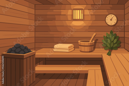 Cozy wooden sauna interior vector illustration. Traditional Finnish steam bathhouse with benches, bucket, ladle, towels, birch whisk, hot stones, wall clock, warm lighting. Relaxation wellness concept