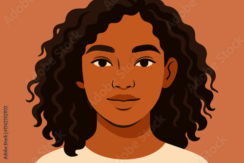 Close-up portrait of a beautiful young multiethnic woman with curly hair. Modern flat vector cartoon illustration. African American, Black, Latina girl. Diversity and inclusion.