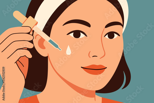 Woman applying anti-aging serum with dropper. Close-up face of female using skincare product. Daily beauty routine, hydration, cosmetic care. Modern flat cartoon vector illustration.
