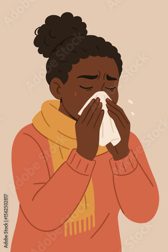 Sick African American woman blowing her nose into a tissue. Unwell black girl with cold, flu, or allergy symptoms. Person with rhinitis, fever, and seasonal illness. Vector illustration.