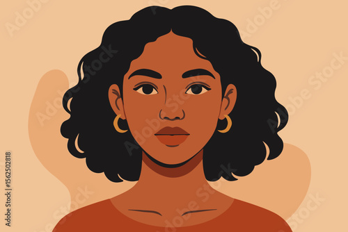Portrait of a beautiful young Black woman with curly hair looking at camera. Close-up face of confident African American or Latina female. Modern flat vector cartoon illustration.