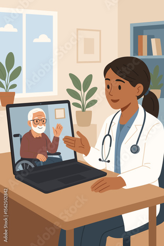 Telehealth concept of a female doctor on video call with a disabled senior patient in a wheelchair. Online medical consultation, virtual doctor appointment, remote healthcare service.