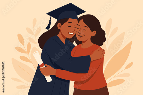 Happy graduate daughter in a cap and gown hugging her proud mother. Family celebrating university graduation day. Student success and educational achievement concept vector cartoon.