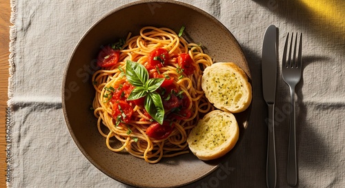 Delicious Homemade Spaghetti with Burst Cherry Tomatoes and Garlic Bread