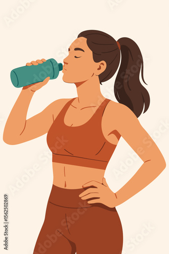 Fit woman drinking water from bottle. Concept of hydration, healthy lifestyle, wellness. Athletic girl in sportswear after exercise. Thirst, refreshment, workout. Vector illustration.