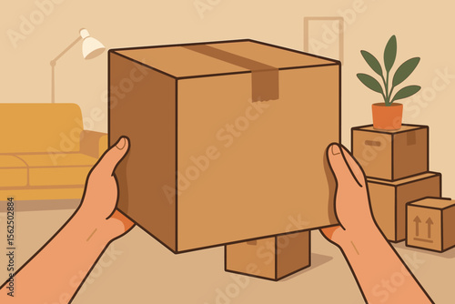 Relocation concept with first-person view of hands holding a cardboard box. Moving into new apartment or house. Packing belongings for moving day. Modern flat vector illustration.