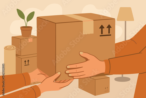 Relocation and moving day concept. Hands passing a large cardboard box. Packing personal items and belongings for a new home or apartment. Delivery service, shipping, receiving parcel.