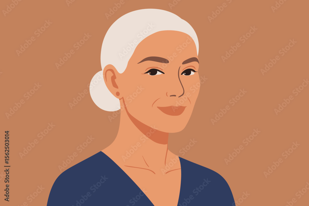 Mature woman with flawless skin, confident smile, elegant white hair tied back, modern flat vector cartoon illustration, beauty, skincare, aging gracefully, portrait design Mature woman with flawless skin, confident smile, elegant white hair tied back, modern flat vector cartoon illustration, beauty, skincare, aging gracefully, portrait design