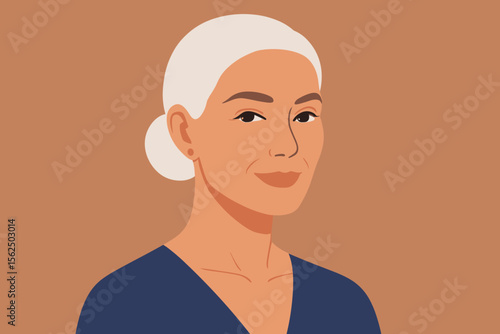 Mature woman with flawless skin, confident smile, elegant white hair tied back, modern flat vector cartoon illustration, beauty, skincare, aging gracefully, portrait design