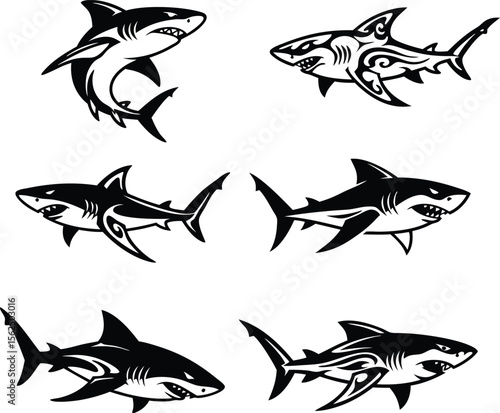 Set of aggressive shark tattoo designs in black and white style perfect for tribal artwork animal illustrations and ocean themed graphic elements