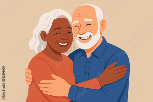 Happy senior interracial couple hugging. Elderly multiethnic man and woman smiling in a loving embrace. Mature love, relationship, family and togetherness vector illustration.