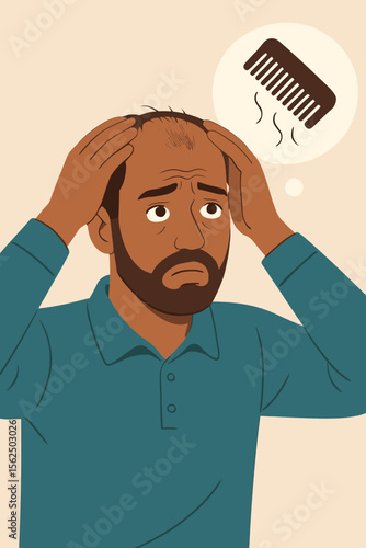 Stressed man worried about hair loss problem. Upset multiethnic character touching his balding head. Male pattern baldness, alopecia concept. Hair falling out. Vector illustration.