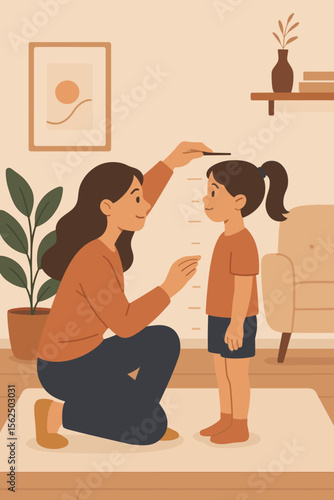 Mother measuring daughter's height on wall chart at home. Mom and kid together in a happy family moment. Concept of child growth, development, and parenting. Flat vector illustration.