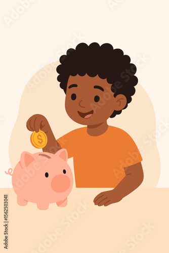 Black boy putting a coin in a piggy bank. Financial literacy for kids concept. A child saving money for the future. Cartoon vector illustration of investment, economy, and allowance.