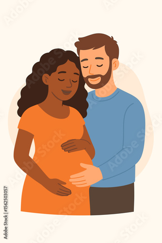 Loving multiethnic couple expecting a baby. Pregnant Black woman and happy white man hugging her belly. Parenthood, family and maternity concept. Modern flat vector illustration.