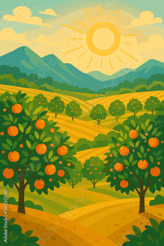 Rural landscape with orange orchard vector illustration. Citrus fruit grove on a farm with rolling hills. Sunny day with mountains. Agriculture, organic farming and harvest concept.