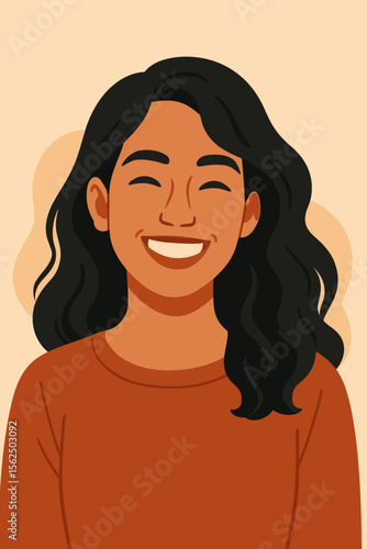 Happy smiling young hispanic woman portrait. Cheerful latina girl character with joyful expression. Modern flat design vector cartoon illustration. Concept of positive emotion.