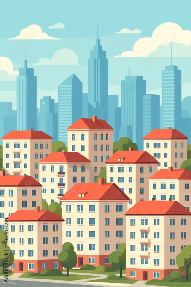 Cityscape with residential area buildings and downtown skyscrapers in the background. Modern urban landscape with multi-storey apartments with red roofs. Real estate flat vector illustration. Cityscape with residential area buildings and downtown skyscrapers in the background. Modern urban landscape with multi-storey apartments with red roofs. Real estate flat vector illustration.