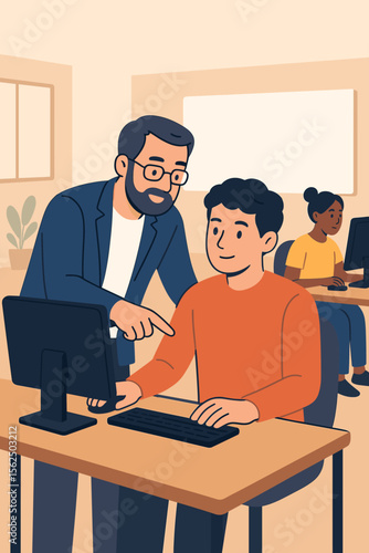 Professor helping a student in a computer class. Teacher giving guidance to a learner on a PC. Education, IT training, mentorship, and technology learning. Flat vector illustration.
