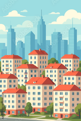Cityscape with residential area buildings and downtown skyscrapers in the background. Modern urban landscape with multi-storey apartments with red roofs. Real estate flat vector illustration.
