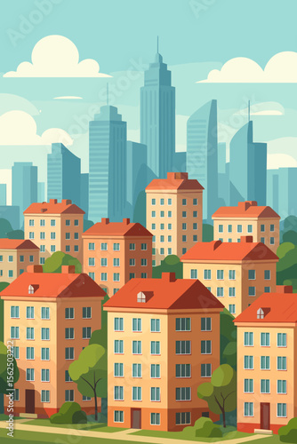 Modern residential area with multi-storey apartment buildings and red roofs in a big city, urban cityscape with skyscrapers, green trees, and clear sky, flat vector cartoon illustration