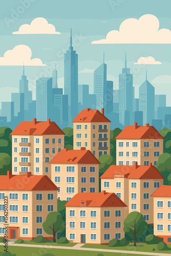 Cityscape with residential area of a big city and modern downtown skyline with skyscrapers. Urban landscape with multi-storey apartment buildings, houses, and trees. Flat vector illustration.