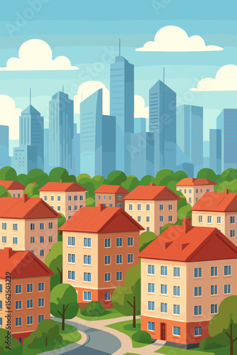 Modern cityscape with suburban residential area, multi-storey apartment buildings with red roofs, green trees, urban skyline, tall skyscrapers, real estate, neighborhood, vector illustration
