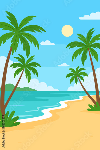 Tropical paradise beach with palm trees, golden sand, turquoise sea, gentle waves, sunny sky, summer vacation, exotic island landscape, relaxing coastline, modern flat vector illustration