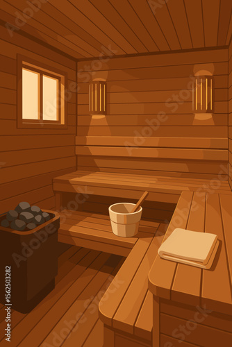 Cozy wooden sauna interior for relaxation and wellness. Vector illustration of a traditional Finnish steam room with hot stone heater, benches and bucket. Spa treatment background.