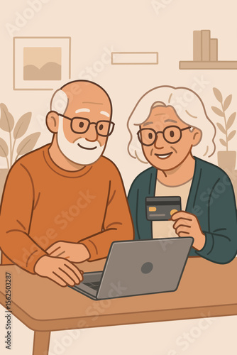 Happy senior couple paying online with credit card and laptop. Elderly family shopping on internet. E-commerce, online banking, financial technology for retirees cartoon vector.