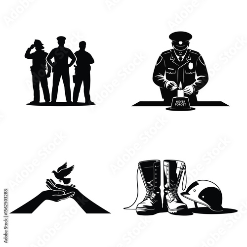 Black Silhouette Memorial Images Police Firefighter Dove Boots Helmet 1