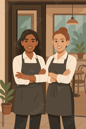 Two successful female entrepreneurs, restaurant owners standing at their cafe entrance. Diverse women waitresses in aprons. Small business partnership concept. Flat vector illustration.