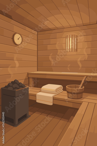 Sauna interior vector background. Empty wooden steam room for spa and relaxation. Finnish bath with hot stone heater, bucket and towel. Wellness and health therapy concept cartoon.