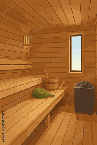 Traditional wooden sauna interior. Finnish bath or Russian banya steam room for relaxation and wellness. Vector illustration of spa with hot stones, bucket, and birch venik.