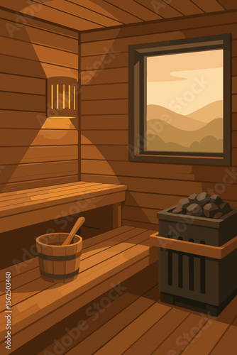 Traditional Finnish sauna interior. Cozy wooden steam room with heater, hot stones, benches and bucket. Spa, wellness, relaxation and health care concept. Vector background.