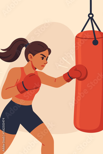 Strong woman boxer training, punching a heavy bag in the gym. Female fighter workout concept. Self-defense, power, and fitness. Athletic character. Modern flat vector cartoon illustration.
