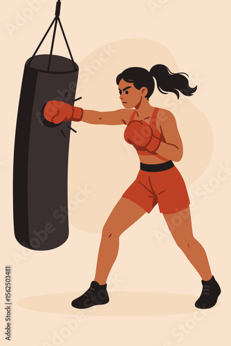 Woman boxer in boxing gloves punching a heavy bag. Female fighter training hard in the gym. Concept for sport, fitness, workout, strength, self-defense, empowerment. Flat vector.