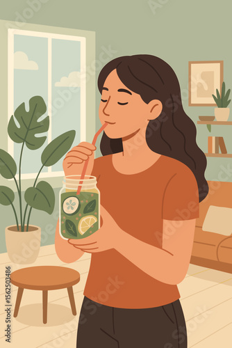 Young woman enjoying a healthy green detox drink at home. Drinking fresh smoothie with lemon and cucumber from a glass jar for wellness, diet and self-care. Flat vector illustration.