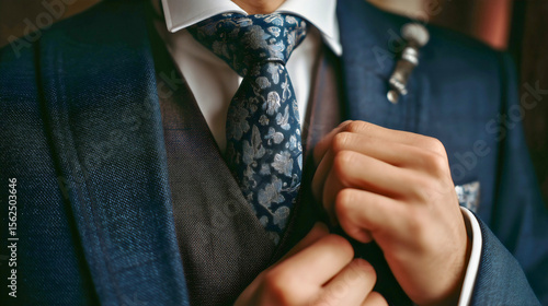 A close-up captures a well-dressed man elegantly adjusting his pink tie and boutonniere, perfectly prepared for a special occasion or wedding celebration.