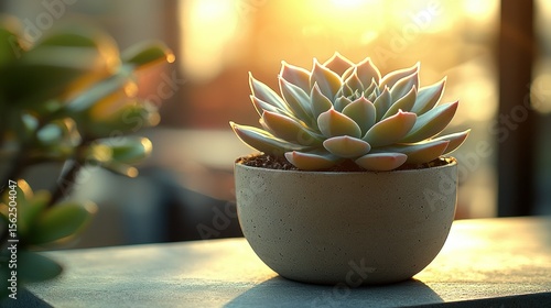 Succulent in a pot, bathed in golden sunlight