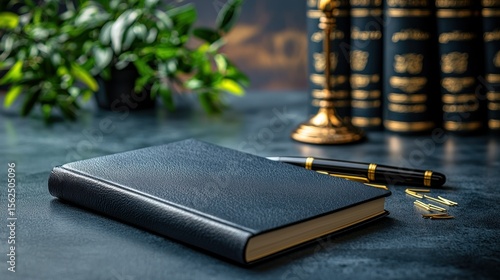 Dark, elegant journal on a textured surface, surrounded by legal books and a pen