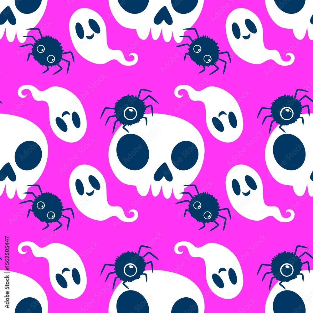 Fototapeta premium Seamless Halloween skulls and spider pattern for wallpaper and fabrics and textiles and packaging and linens