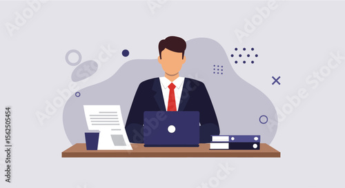 Modern flat design illustration of a businessman working at a desk with a laptop, perfect for marketing and web design presentations.