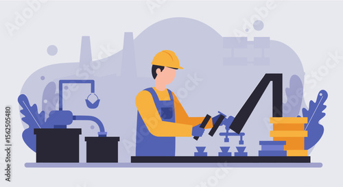 Modern flat design illustration of a factory worker operating machinery on an industrial production line, perfect for business concepts.